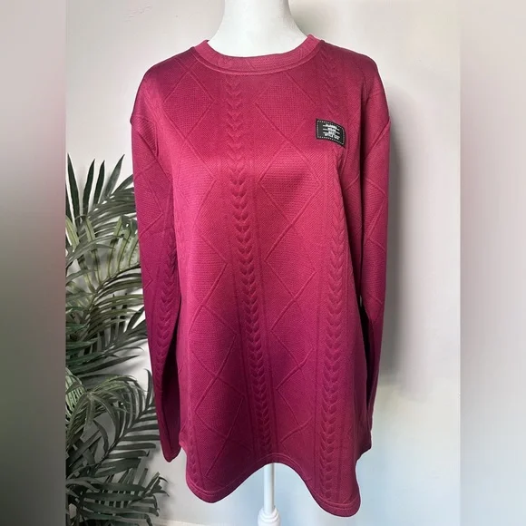 Regular Fit Patched Detail Textured Knit Long Sleeve Round Burgundy Neck Top L - Picture 4 of 14
